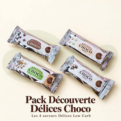 Pack découverte Délices Choco keto : les 4 saveurs Cream, Coco, White Cream et White Pistachio de Délices Low Carb