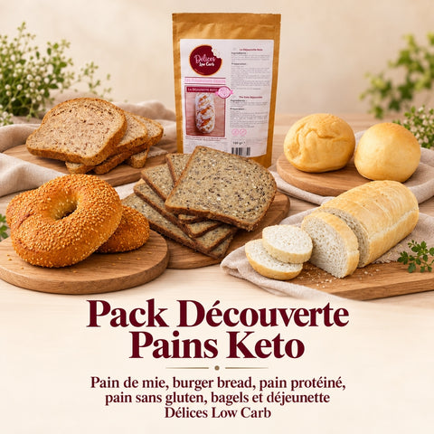 Pack découverte pains keto Délices Low Carb : pain de mie, burger bread, pain protéiné, pain sans gluten, bagels et déjeunette
