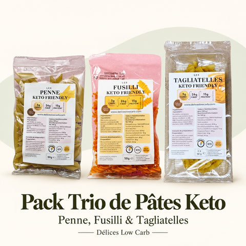 Pack trio de pâtes keto Délices Low Carb : penne, fusilli et tagliatelles, 5 g de glucides nets par portion