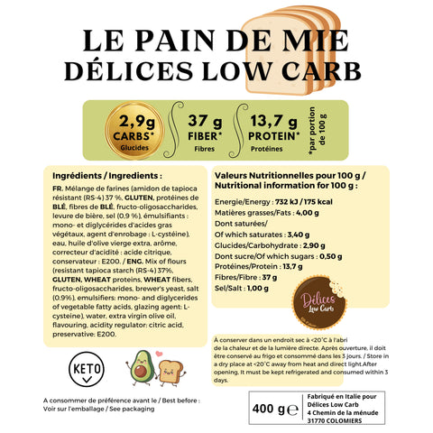 Pain de mie Délices Low Carb – 400 g - Délices Low Carb