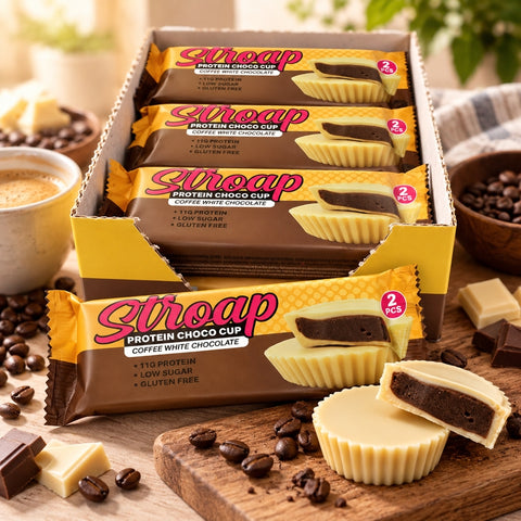 Stroap - Protein Choco Cup café & chocolat blanc - Boîte de 12 sachets (24 coupelles)